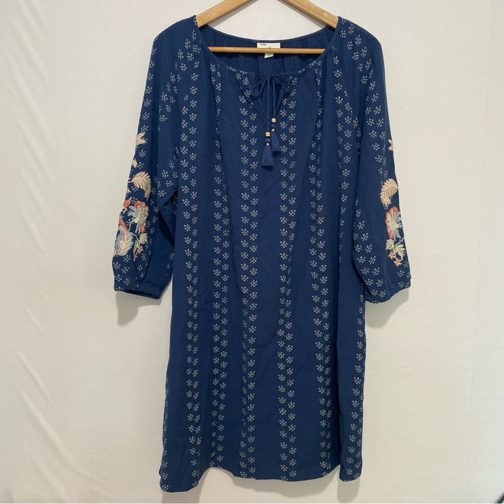 J.Jill Embroidered Tunic Dress Blue Floral Peasant Tassel Tie Cottagecore M Peti